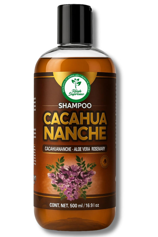 High Supreme Cacahuananche Shampoo bottle for stronger-looking hair.