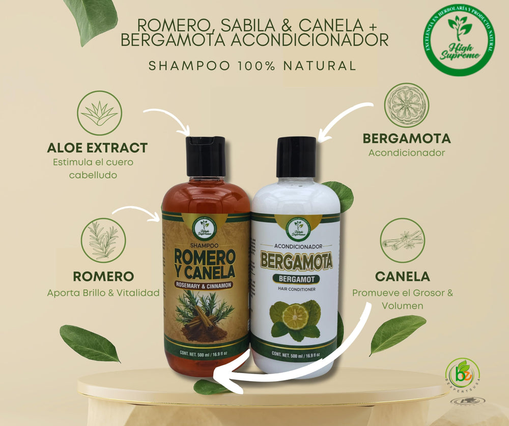 Shampoo label close-up featuring rosemary, aloe, and cinnamon benefits.