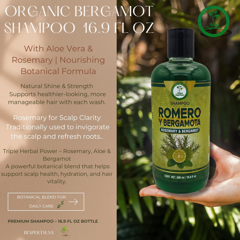 HIGH SUPREME rosemary-aloe-bergamot shampoo bottle on a shower shelf for daily care.