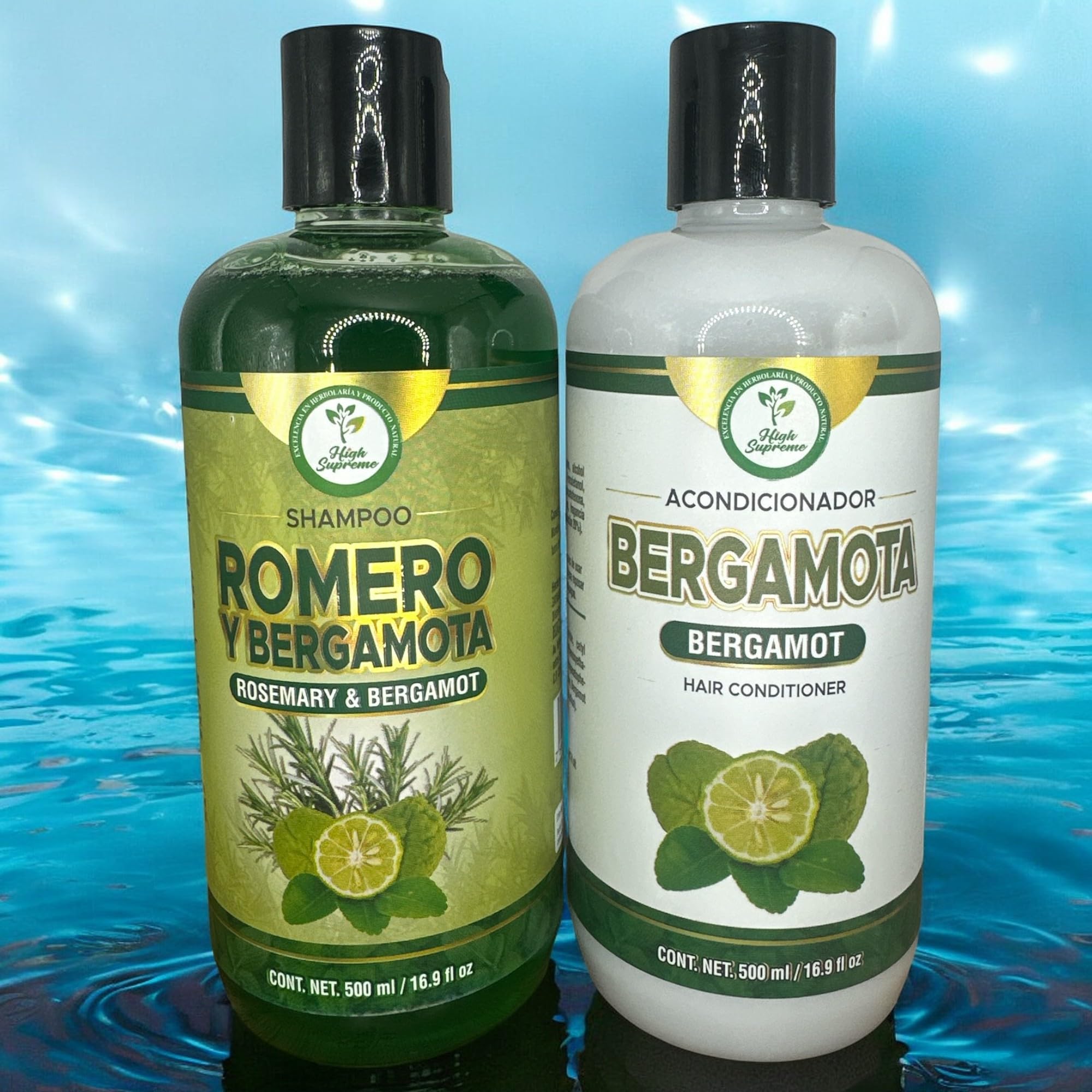 HIGH SUPREME Shampoo and Conditioner set on sink showcases premium quality.