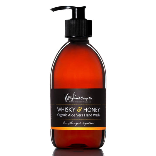 The Highland Soap Co Whisky & Honey hand wash bottle shows premium cleansing.