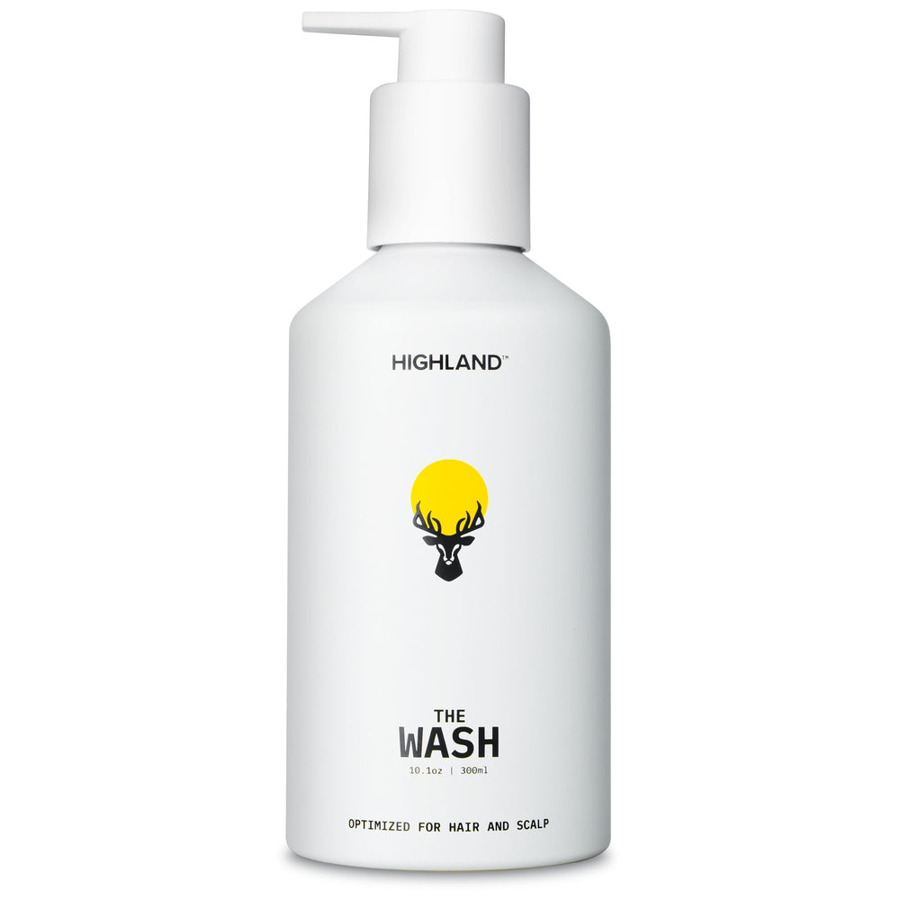 Highland The Wash bottle pour shows controlled dispense for easy daily cleansing.