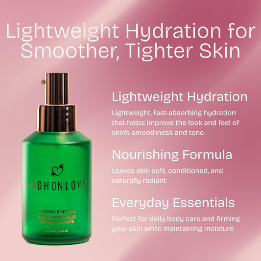 HighOnLove Firming Body Oil neck application showing targeted tightening and smoother skin.