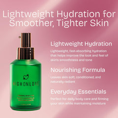 HighOnLove Firming Body Oil neck application showing targeted tightening and smoother skin.