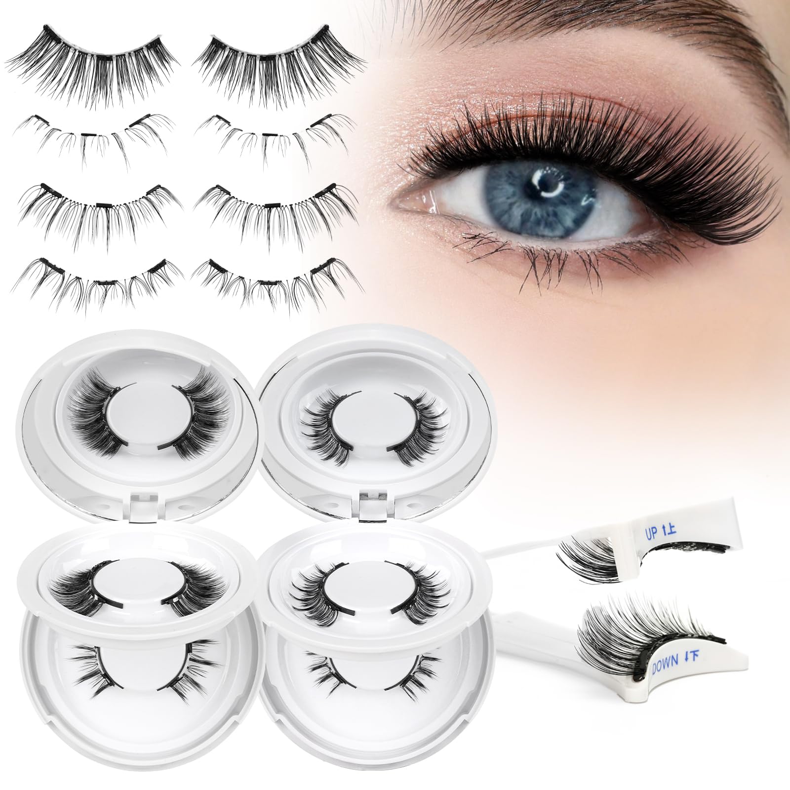 Higu clace magnetic eyelashes four-pair kit for quick, glue-free application.