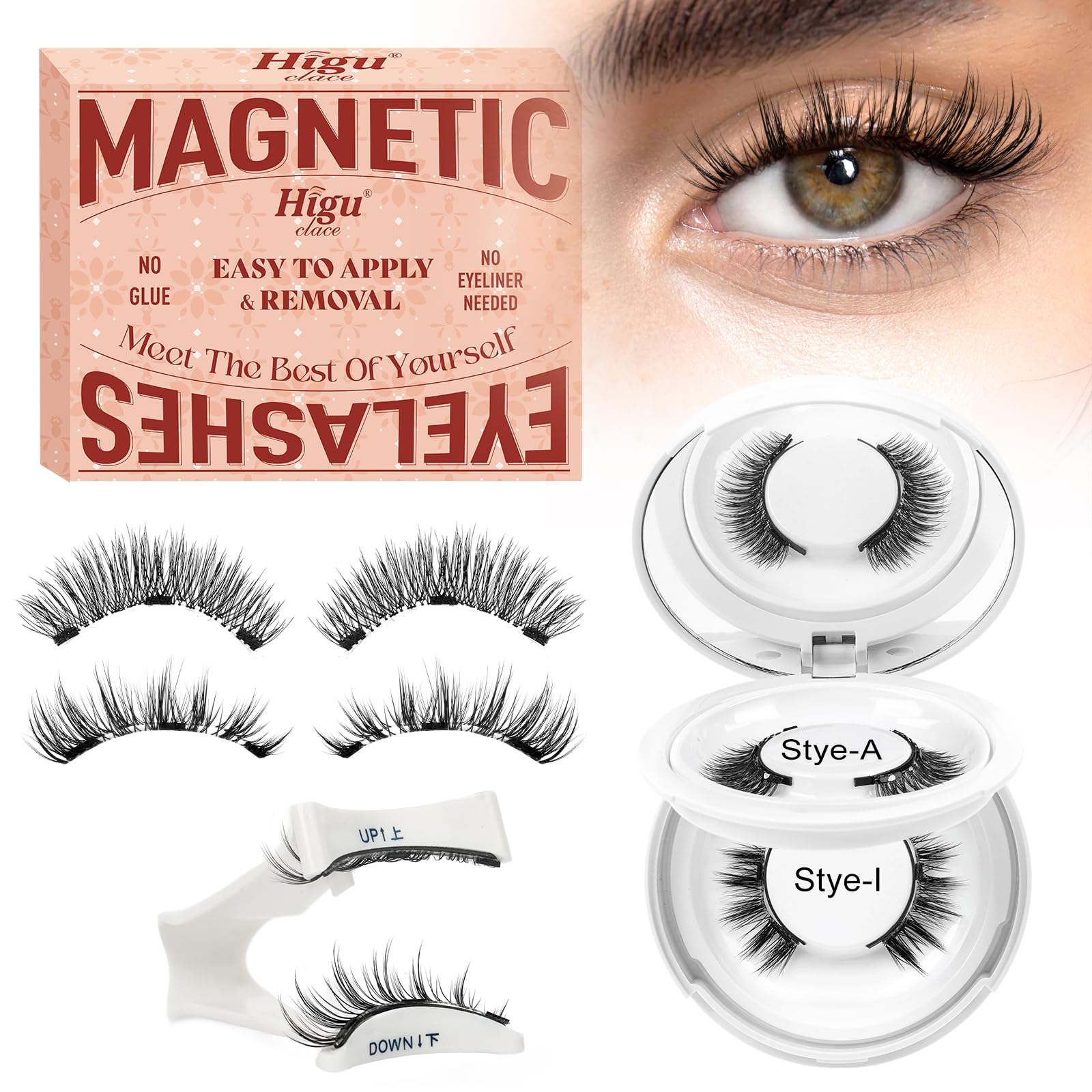 Higu clace magnetic eyelashes kit two pairs with applicator for quick, glue-free styling.