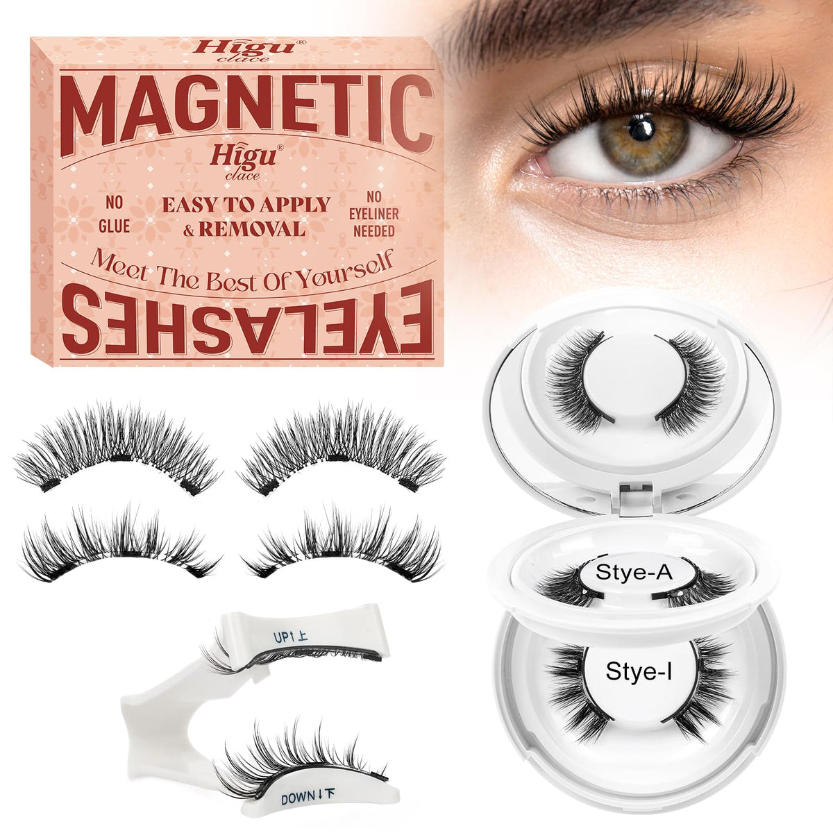 Higu clace magnetic eyelashes kit two pairs with applicator for quick, glue-free styling.