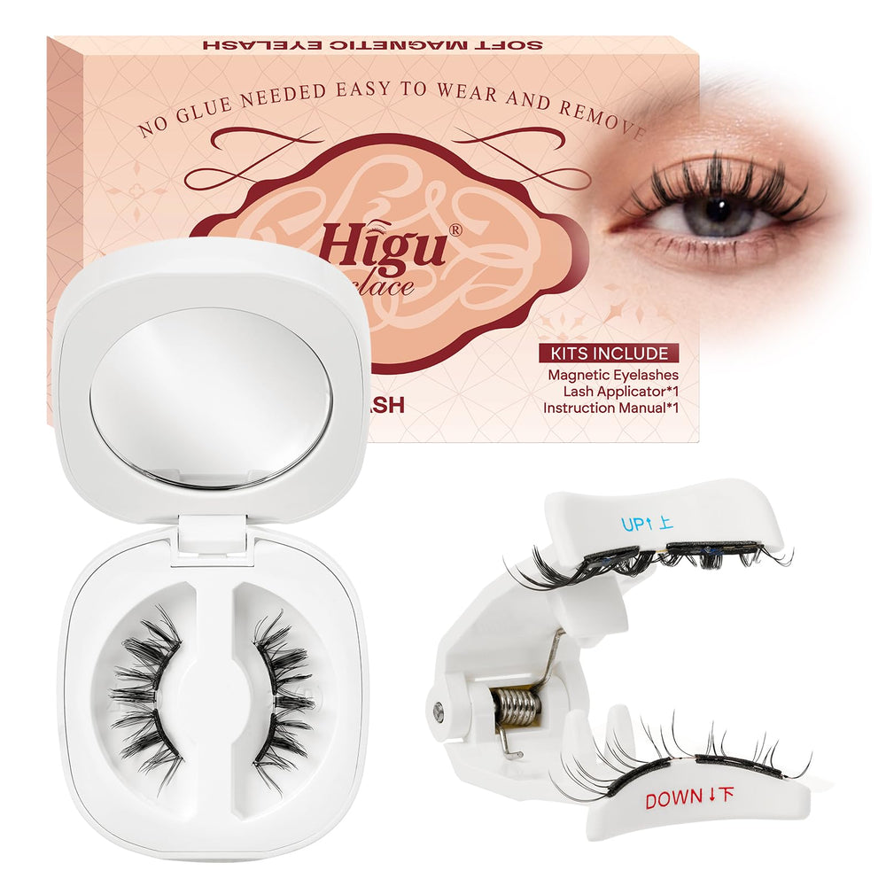 Higu clace magnetic lashes kit with applicator and mirror for quick glue-free enhancement.
