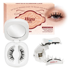 Higu clace magnetic lashes kit with applicator and mirror for quick glue-free enhancement.