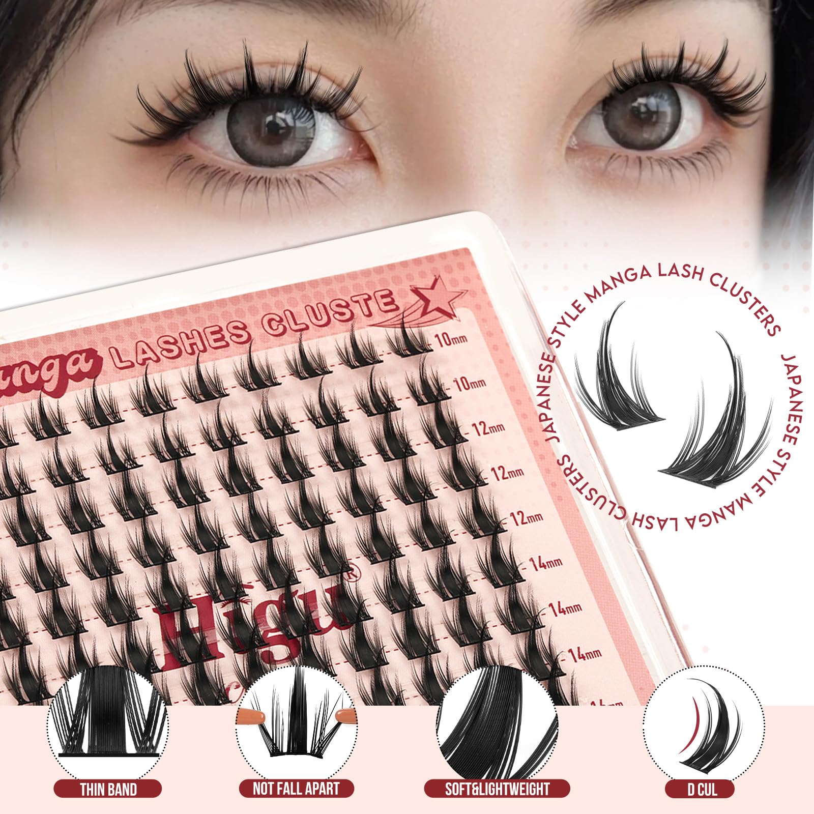 Higu clace manga cluster lashes 2-in-1 bond and seal supports DIY extensions.