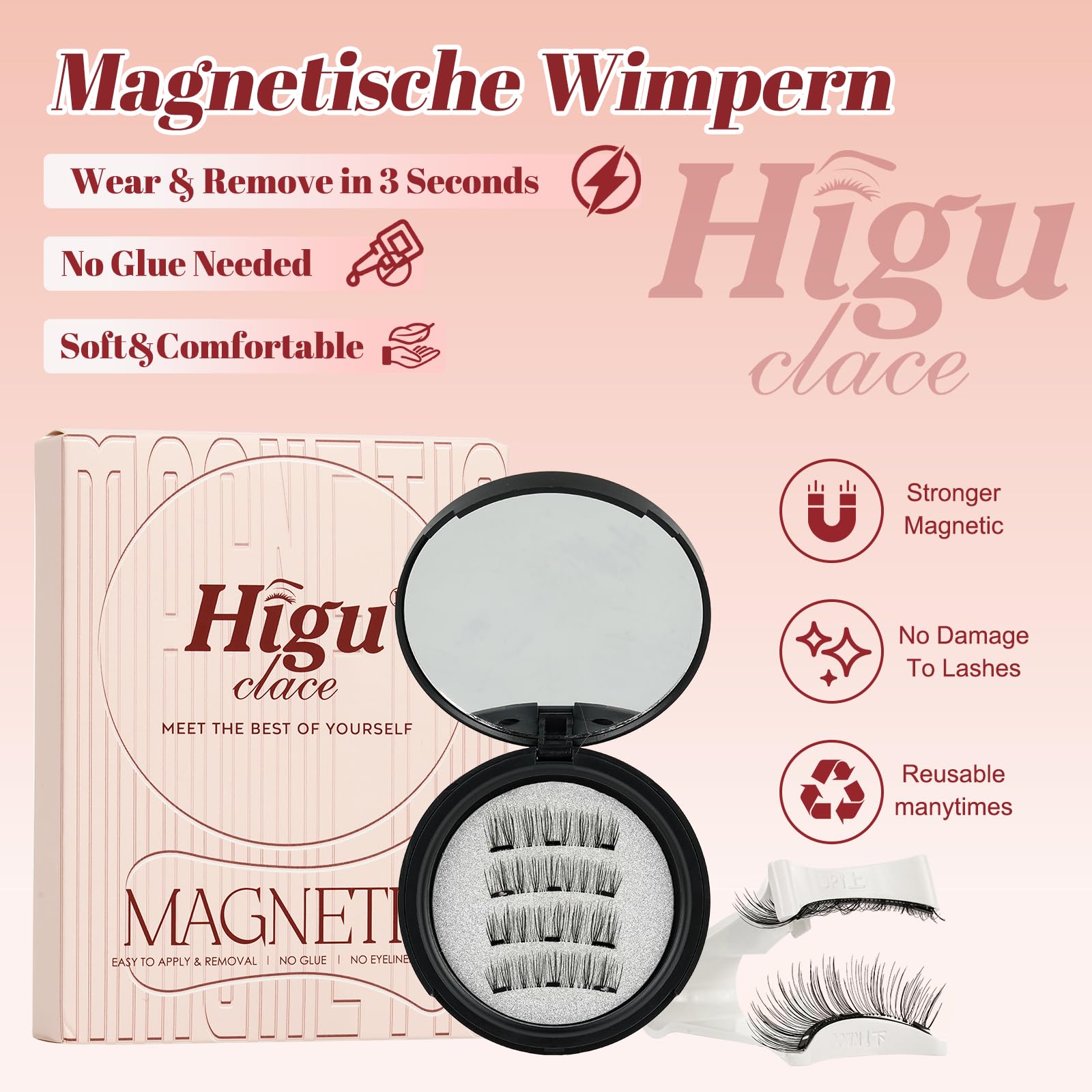 Higu Clace no-glue required lashes for gentle wear.