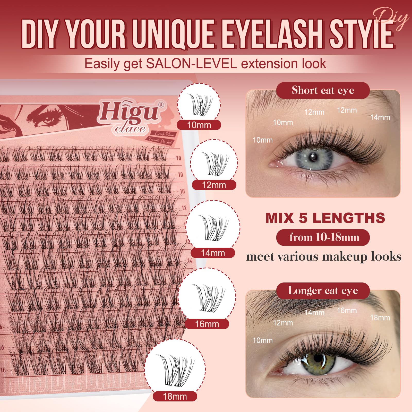 Higu clace wispy lash clusters kit contents laid out for easy DIY lashes.