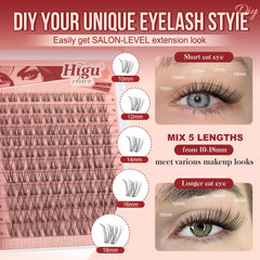 Higu clace wispy lash clusters kit contents laid out for easy DIY lashes.