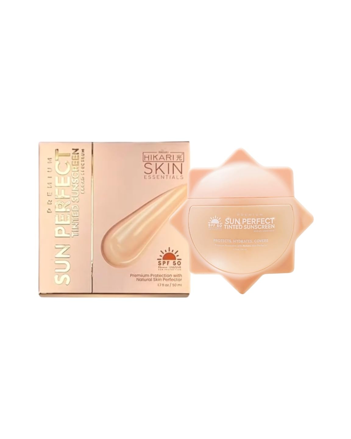 Hikari Skin Premium Sun Perfect tinted sunscreen bottle offering broad protection and natural coverage.