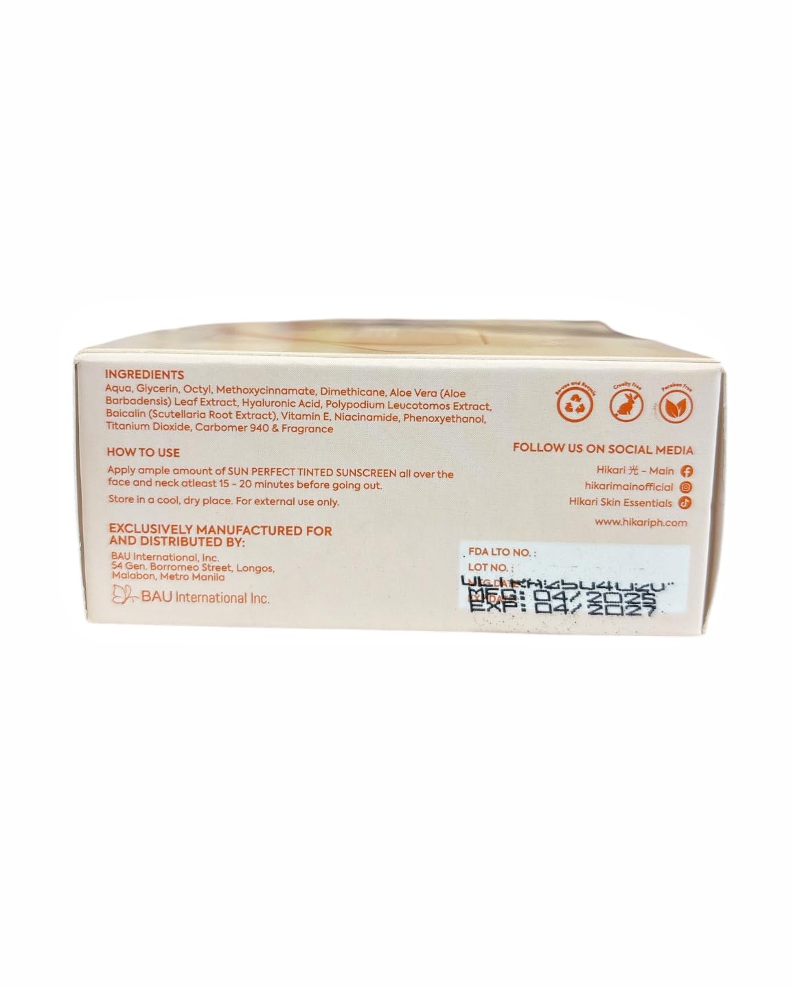 Close-up of Hikari Skin Premium Sun Perfect tinted sunscreen with hyaluronic acid for hydration.