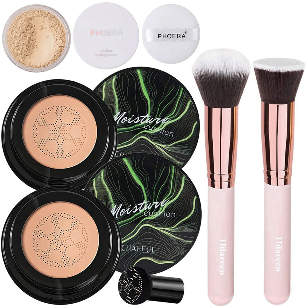 Hilareco Mushroom Head Air Cushion CC Cream bottle shows breathable coverage and pore-minimizing texture