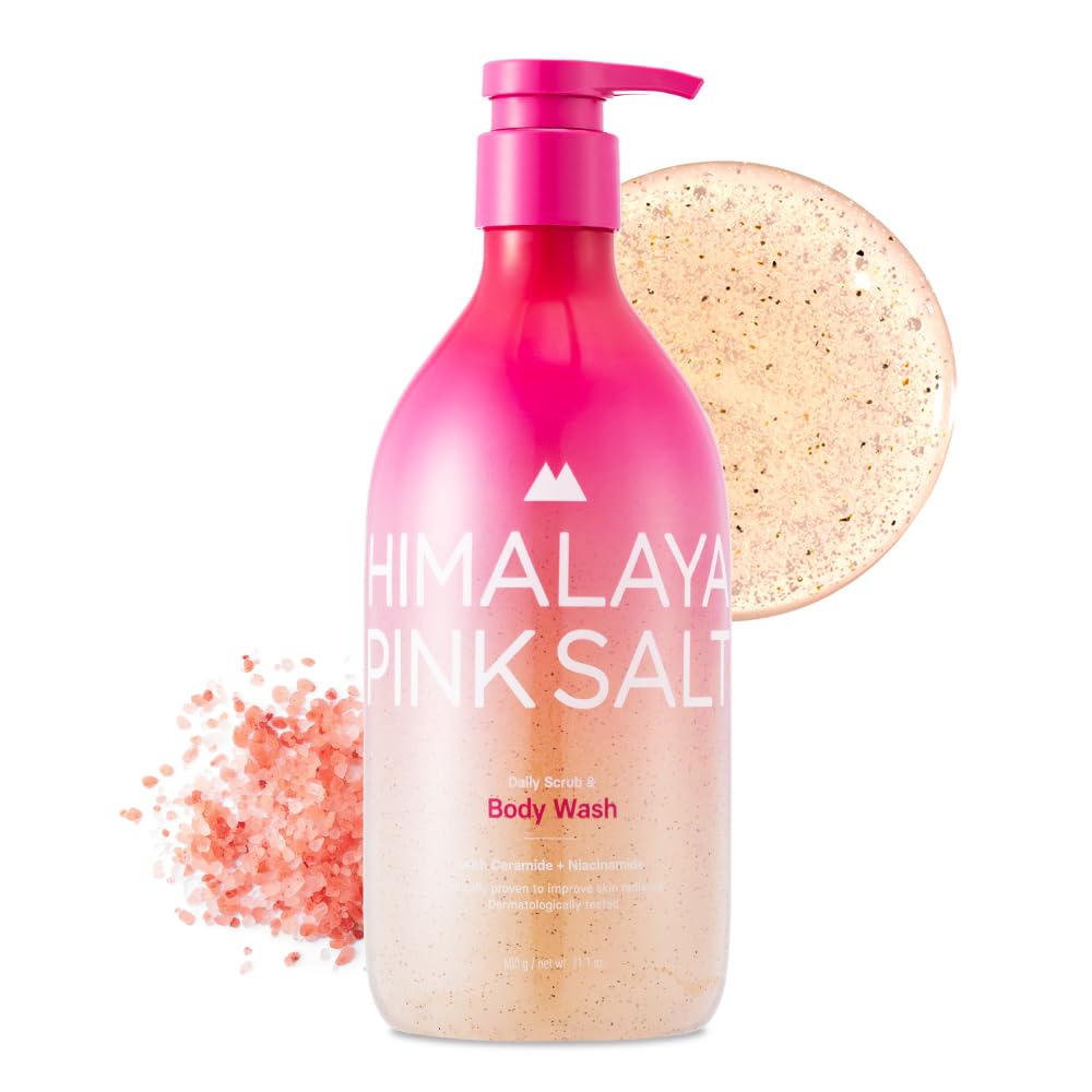 Himalaya PinkSalt Daily Scrub bottle pouring for easy exfoliation and hydration.