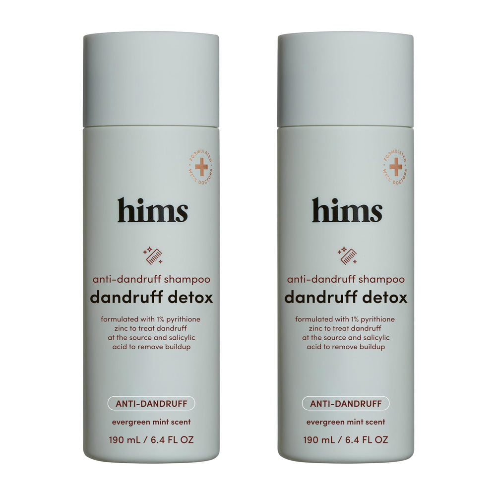 Hims & Hers Dandruff Detox Shampoo bottle ready for scalp care.