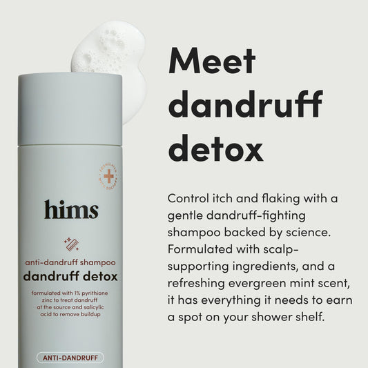 Hims & Hers label close-up showing zinc and oils for dandruff support.