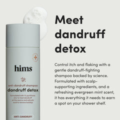 Hims & Hers label close-up showing zinc and oils for dandruff support.