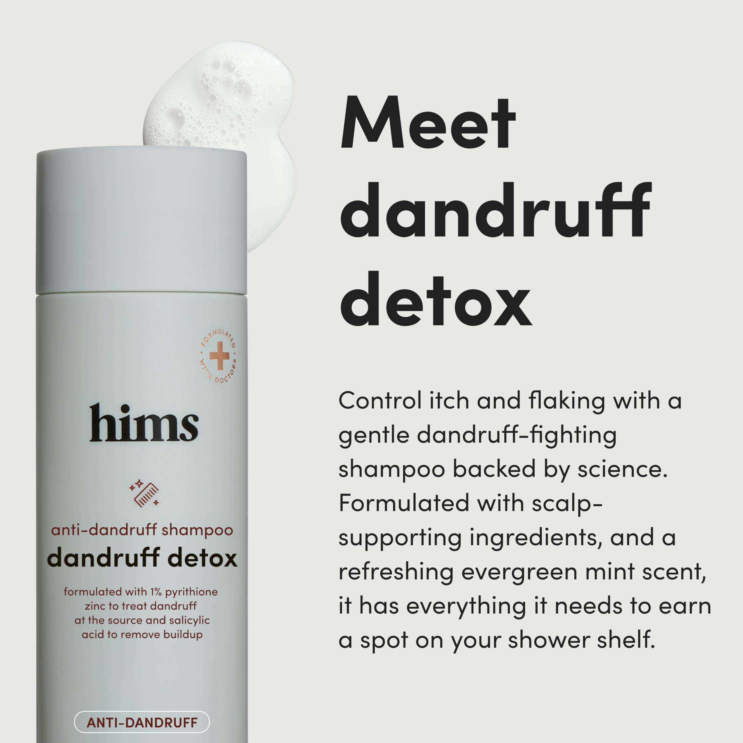Hims Dandruff Detox shampoo label showing 1% zinc and nourishing oils.
