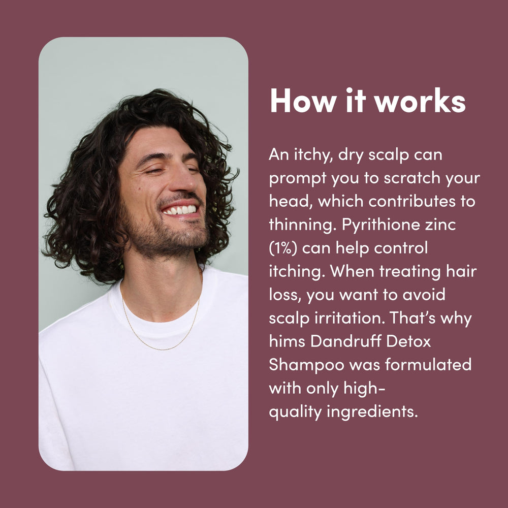 Pour action of Hims Dandruff Detox shampoo for even scalp cleansing.