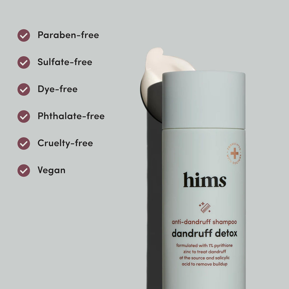 Sulfate-free icon on Hims Dandruff Detox shampoo indicating gentle care.