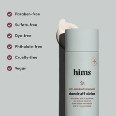 Sulfate-free icon on Hims Dandruff Detox shampoo indicating gentle care.