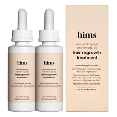 Hims & Hers Hair Regrowth Treatment bottle shows 5% minoxidil for daily use.