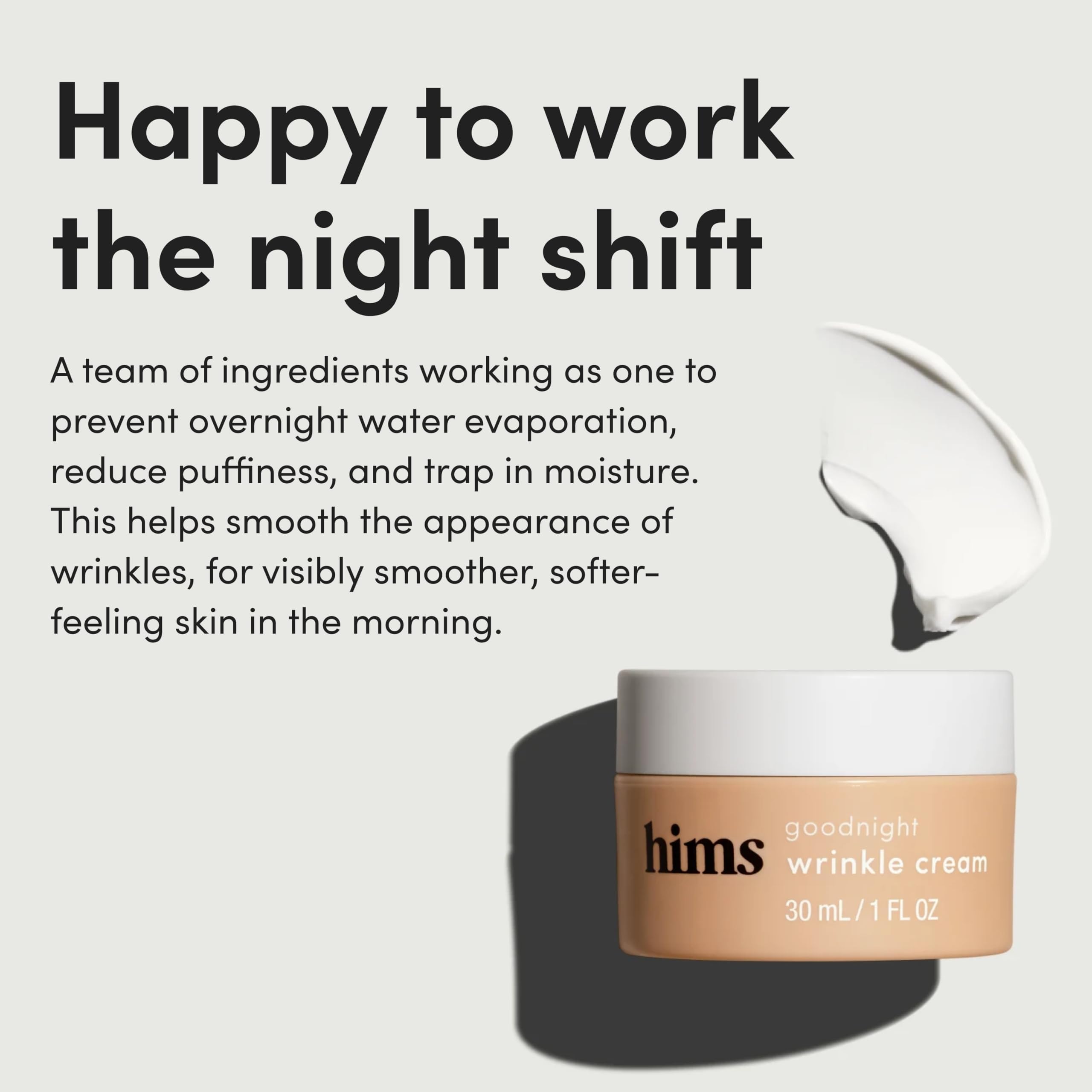 Hims & Hers formula with hyaluronic acid and caffeine for hydration and reduced puffiness