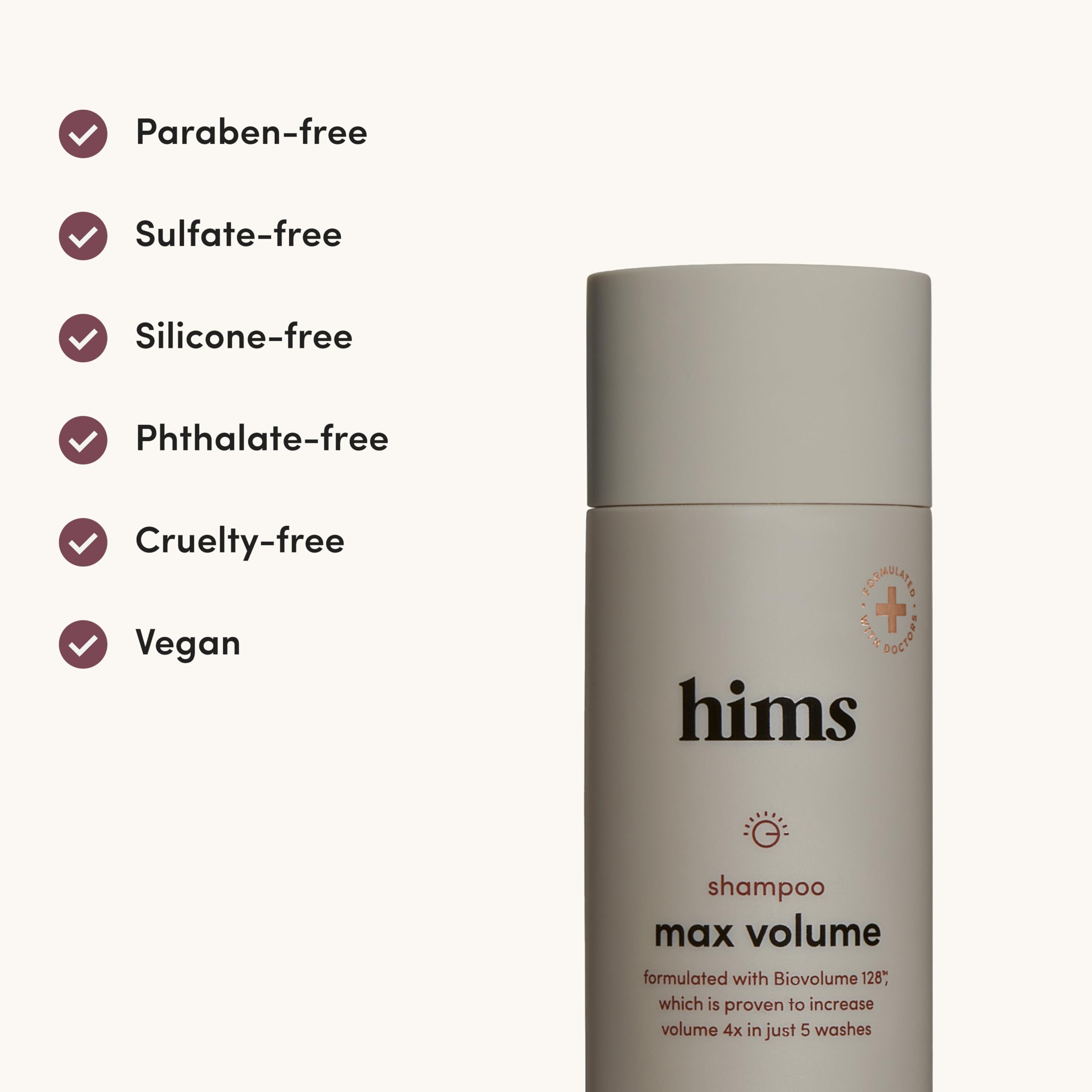Hims & Hers Max Volume Shampoo biotin and caffeine ingredients close-up