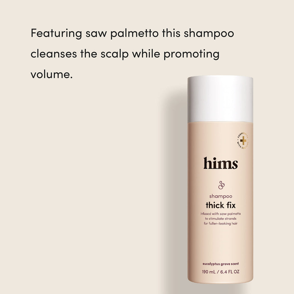 Hims & Hers Thick Fix Shampoo being gently massaged into scalp for cleansing.