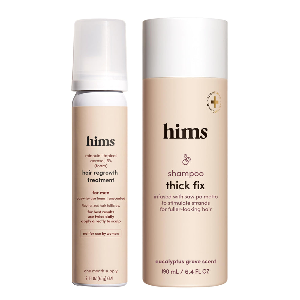 Hims & Hers Thick Fix Shampoo bottle promotes fuller-looking hair with a refreshing scent.