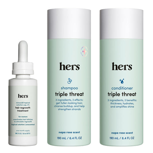 Hims & Hers triple threat shampoo bottle showing color-safe daily cleansing
