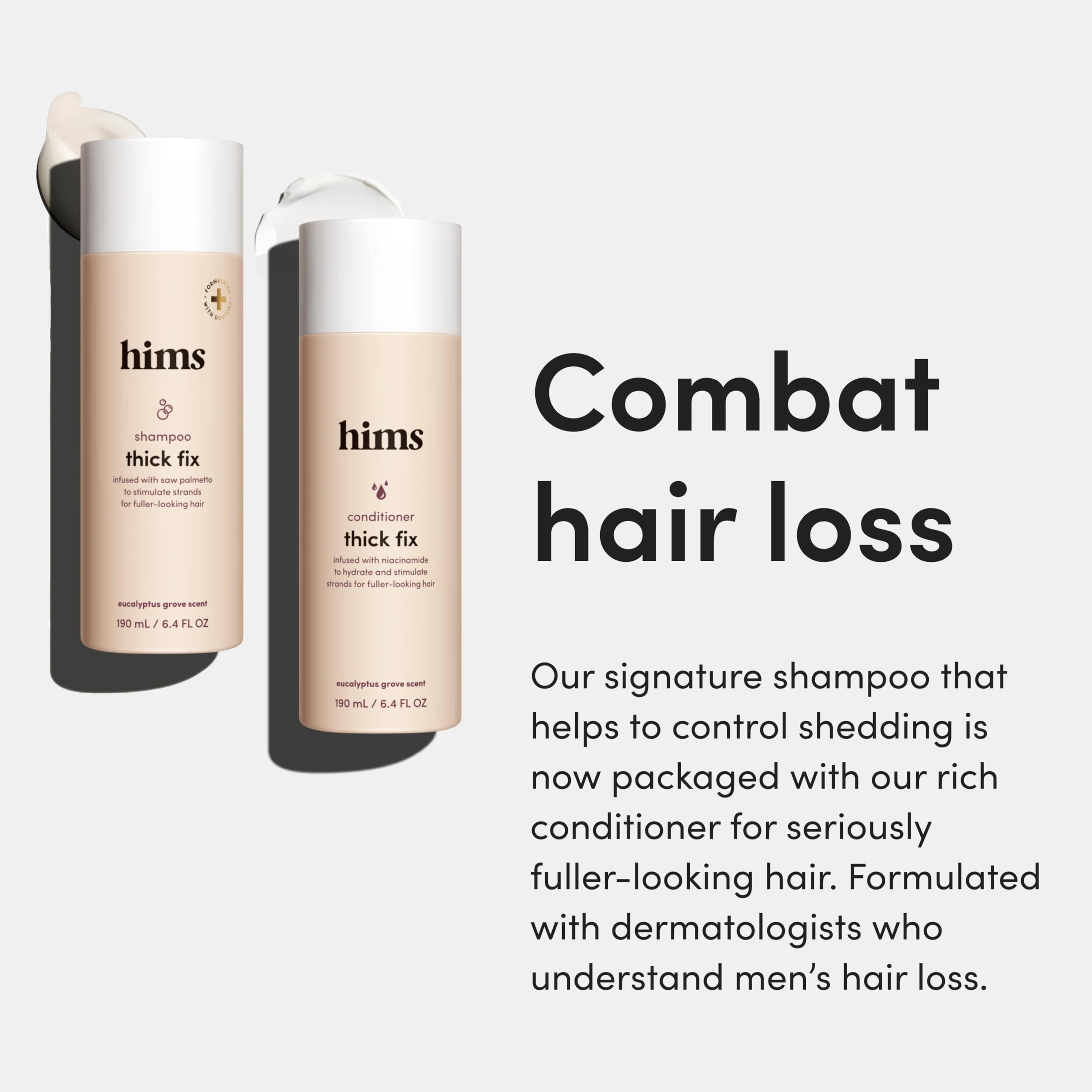 Hims Thick Fix conditioner bottle front delivering moisture for softer, fuller-looking hair.