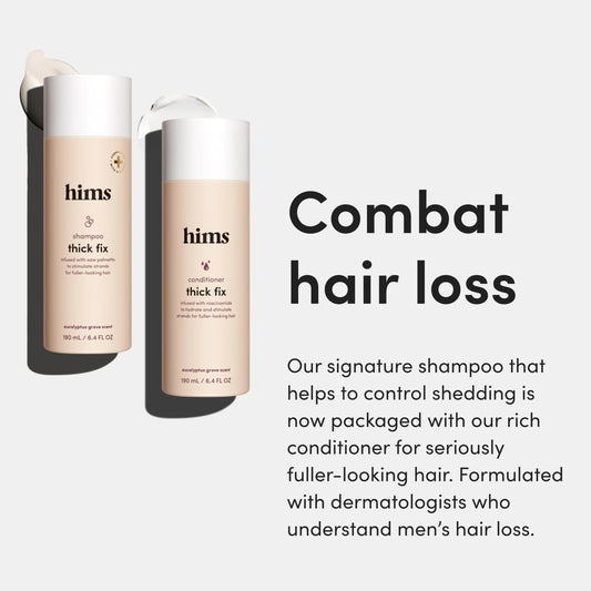 Hims Thick Fix conditioner bottle front delivering moisture for softer, fuller-looking hair.