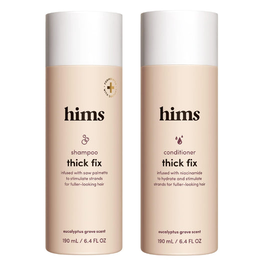 Hims Thick Fix shampoo bottle front with eucalyptus scent for refreshed scalp cleansing.
