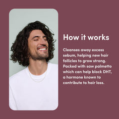 Hims Thick Fix Shampoo eucalyptus scent evokes a refreshing wash.