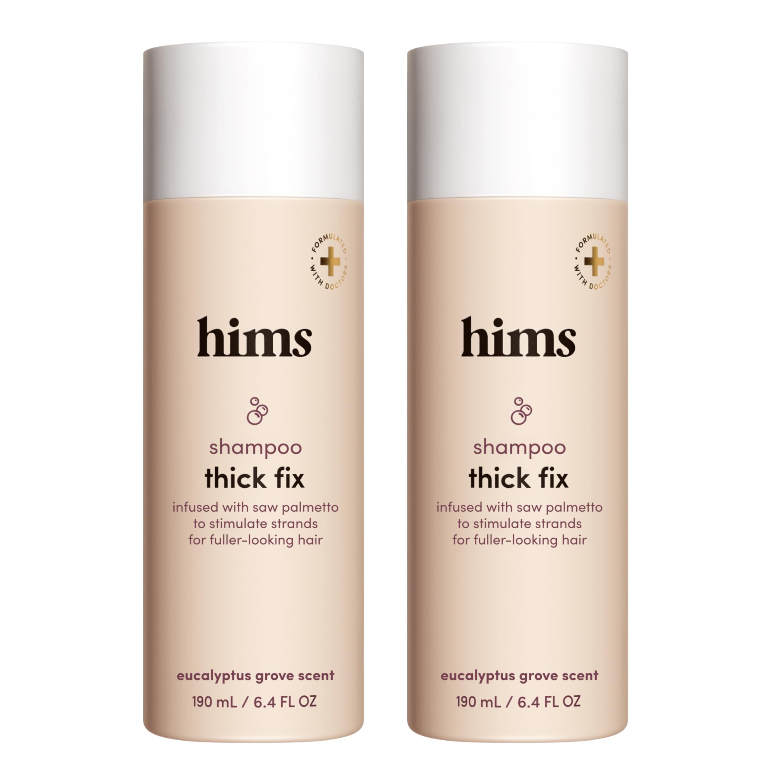 Hims Thick Fix Shampoo bottle with saw palmetto for clean scalp and fuller-looking hair.