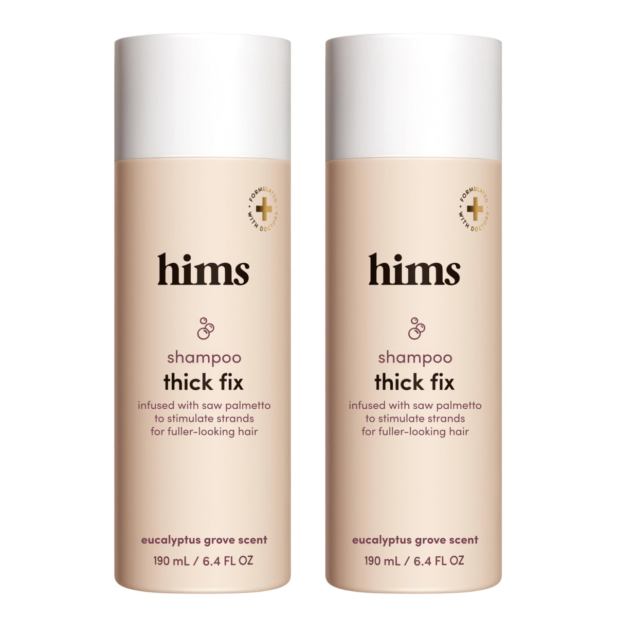 Hims Thick Fix Shampoo bottle with saw palmetto for clean scalp and fuller-looking hair.