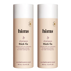 Hims Thick Fix Shampoo bottle with saw palmetto for clean scalp and fuller-looking hair.