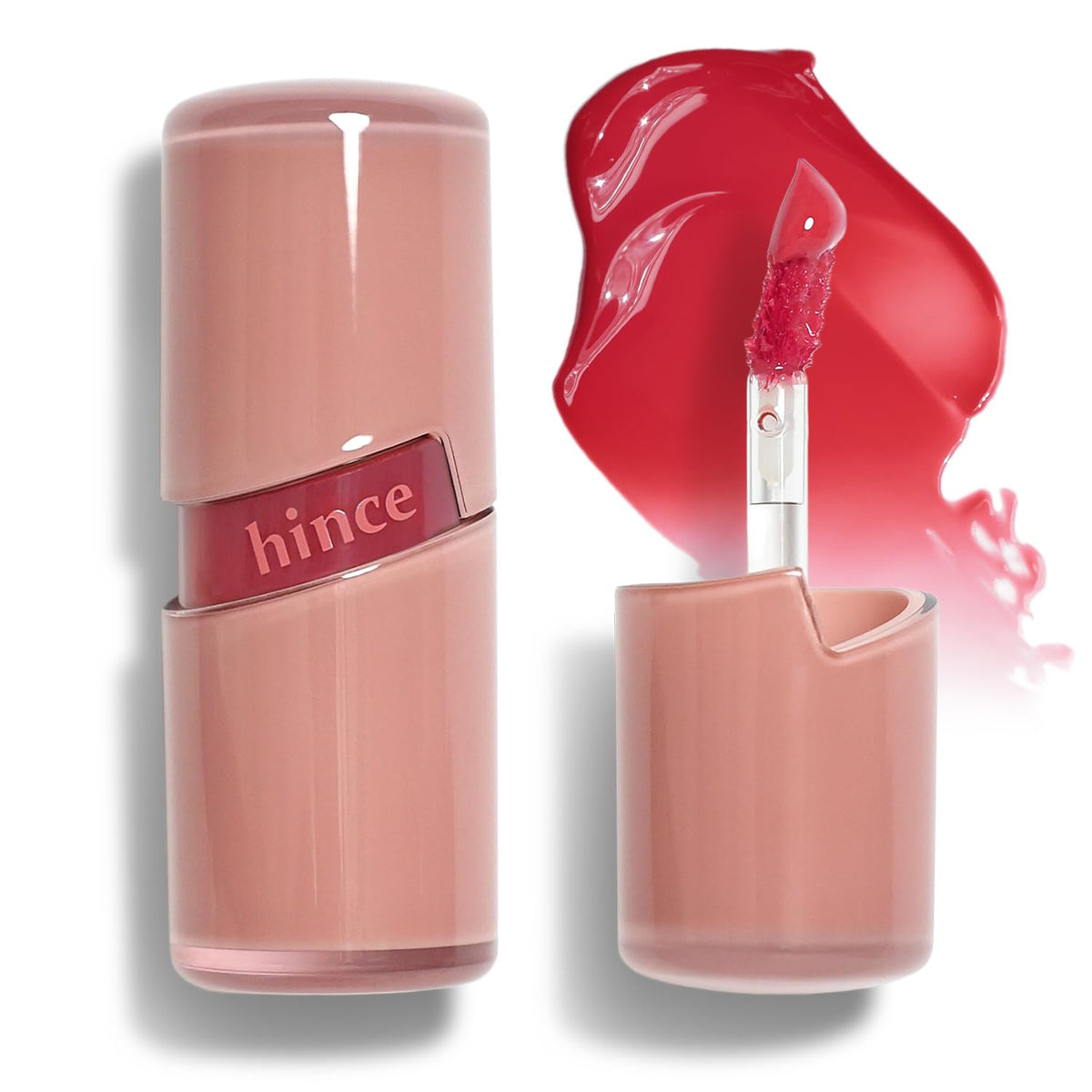 HINCE Raw Glow Lip Tint swatch shows stain-glazed finish with dewy, long-wearing color.