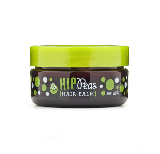 Hip Peas Hair Balm jar shown with light hold for kids' styling.
