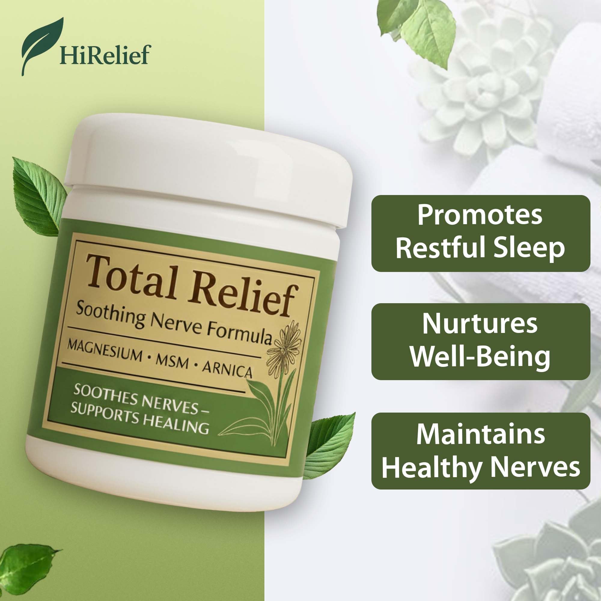 HiRelief Total Relief cream texture close-up demonstrates fast absorption and non-greasy feel.