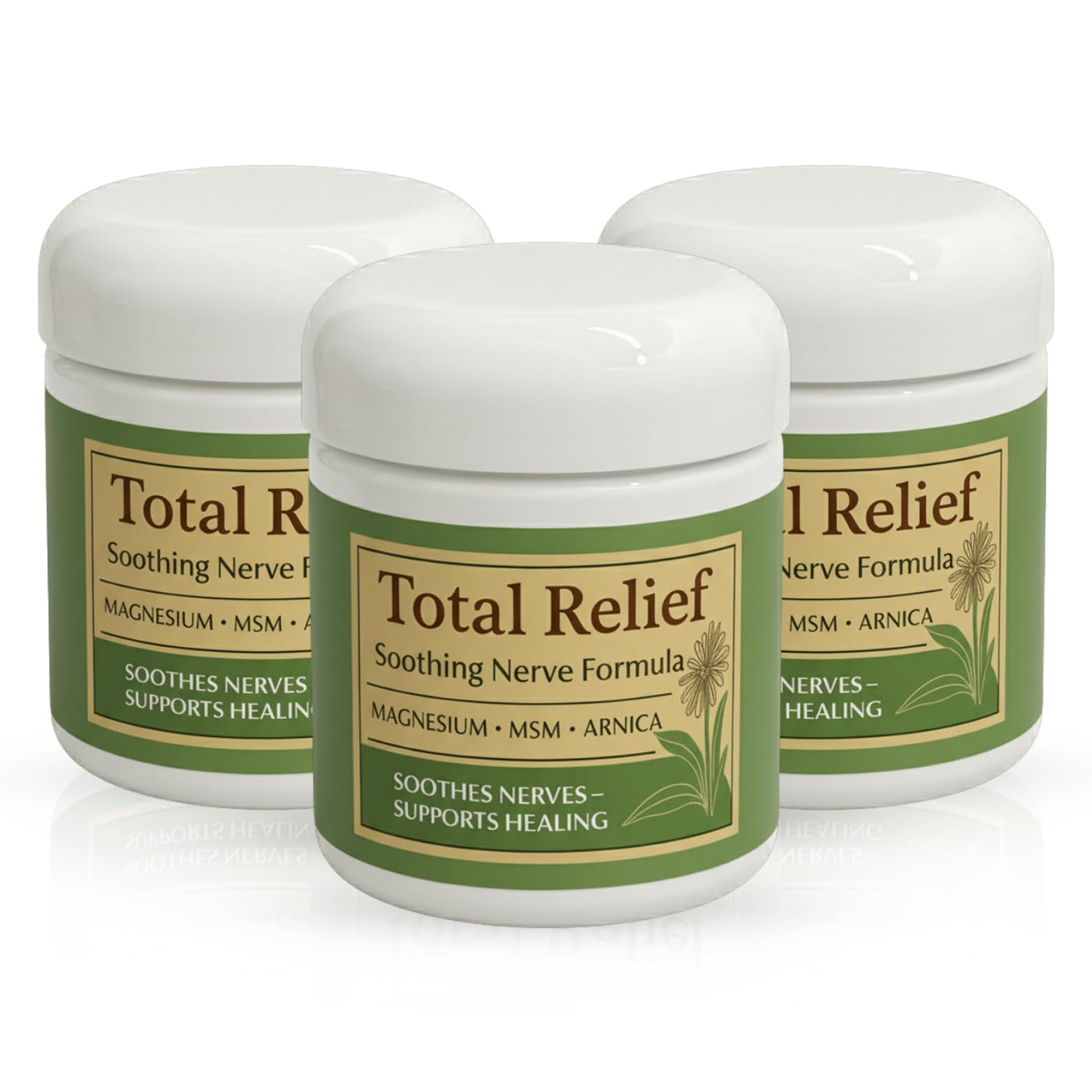 HiRelief Total Relief magnesium cream bottle highlights fast-absorbing, non-greasy formula for daily nerve comfort.