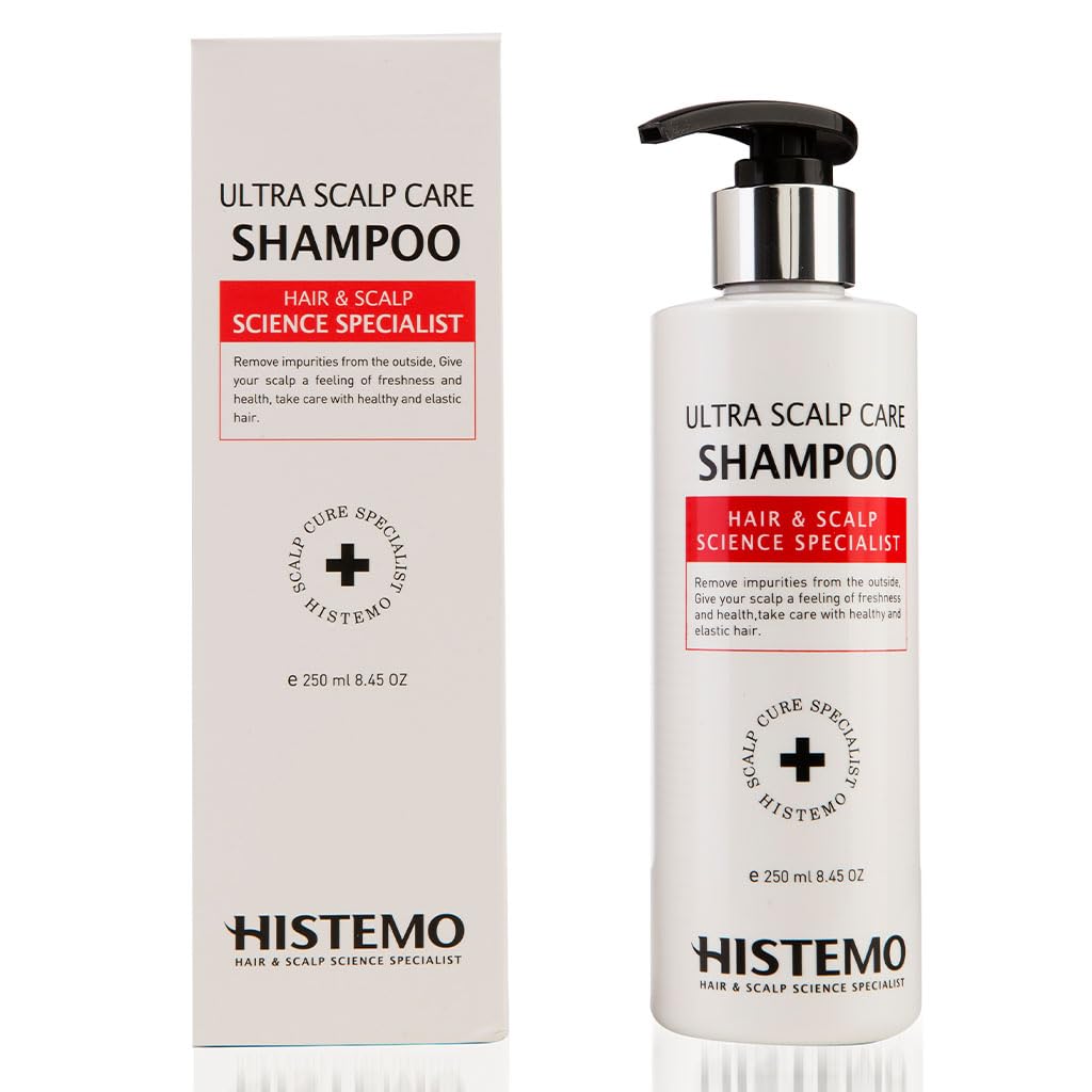 Histemo Ultra Scalp Care Shampoo bottle on bathroom shelf, supporting scalp health for daily use.