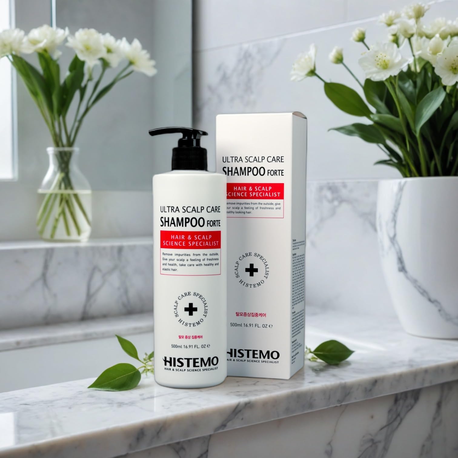 Histemo Ultra Scalp Care Shampoo plant-based ingredients close-up visual.