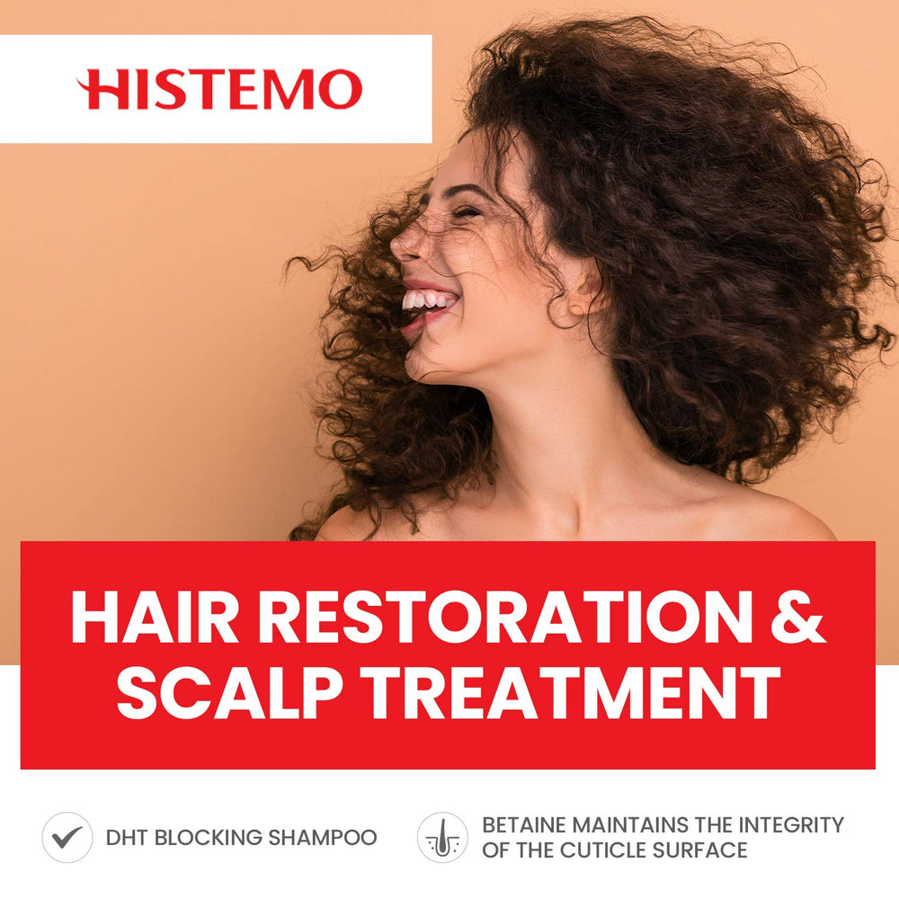 Histemo Ultra Scalp Care Shampoo placed beside towel and plant accents for daily scalp care routine.