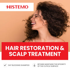 Histemo Ultra Scalp Care Shampoo placed beside towel and plant accents for daily scalp care routine.