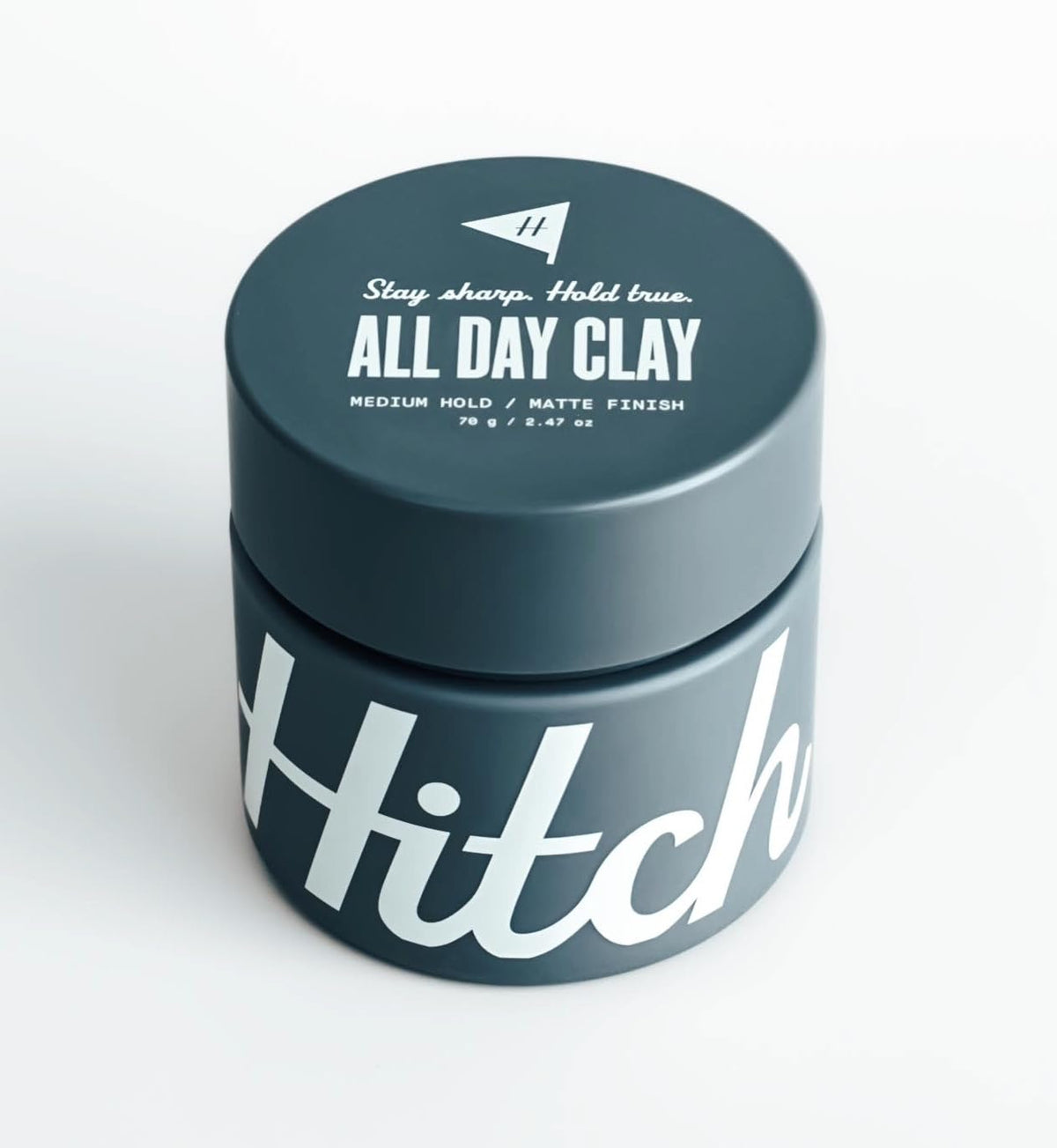 Hitch All Day Clay jar packaging shown for convenient storage and easy access.